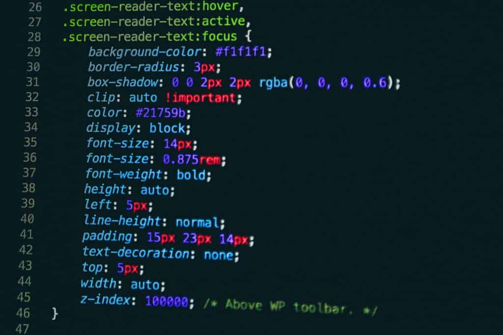 Screenshot of colourful HTML code on a black background