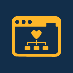 Icon showing a computer screen with heart and graph representing crowdfunding