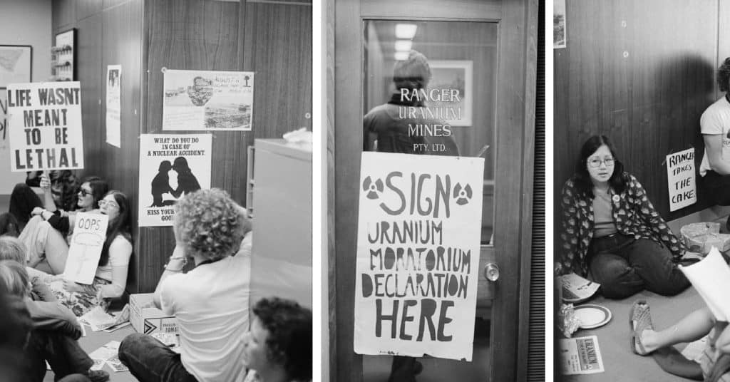 Protestors occupying the Ranger mine offices in Sydney in 1977. One signs says "Life wasn't meant to be lethal".