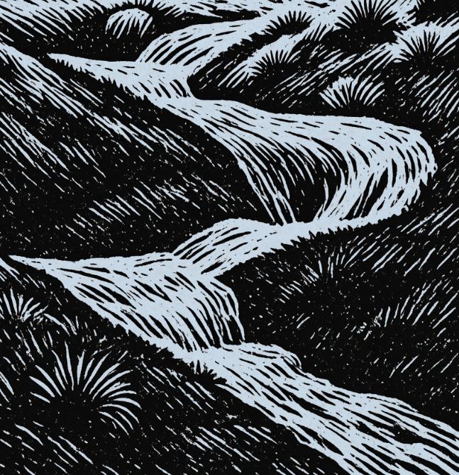 A linocut image of streams running downwards