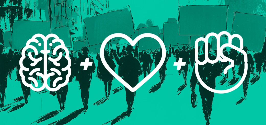 3 icons overlaying a protest. a brain + heart + closed fist
