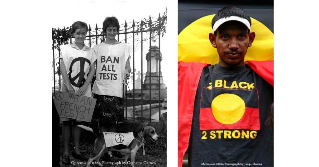Two photos: one shows two women and a dog all wearing peace tshirts in the 1960s, the other shows a young man at the Stolenwealth Games in 2006 wearing an Aboriginal flag tshirt with the words '2 Black 2 Strong'.