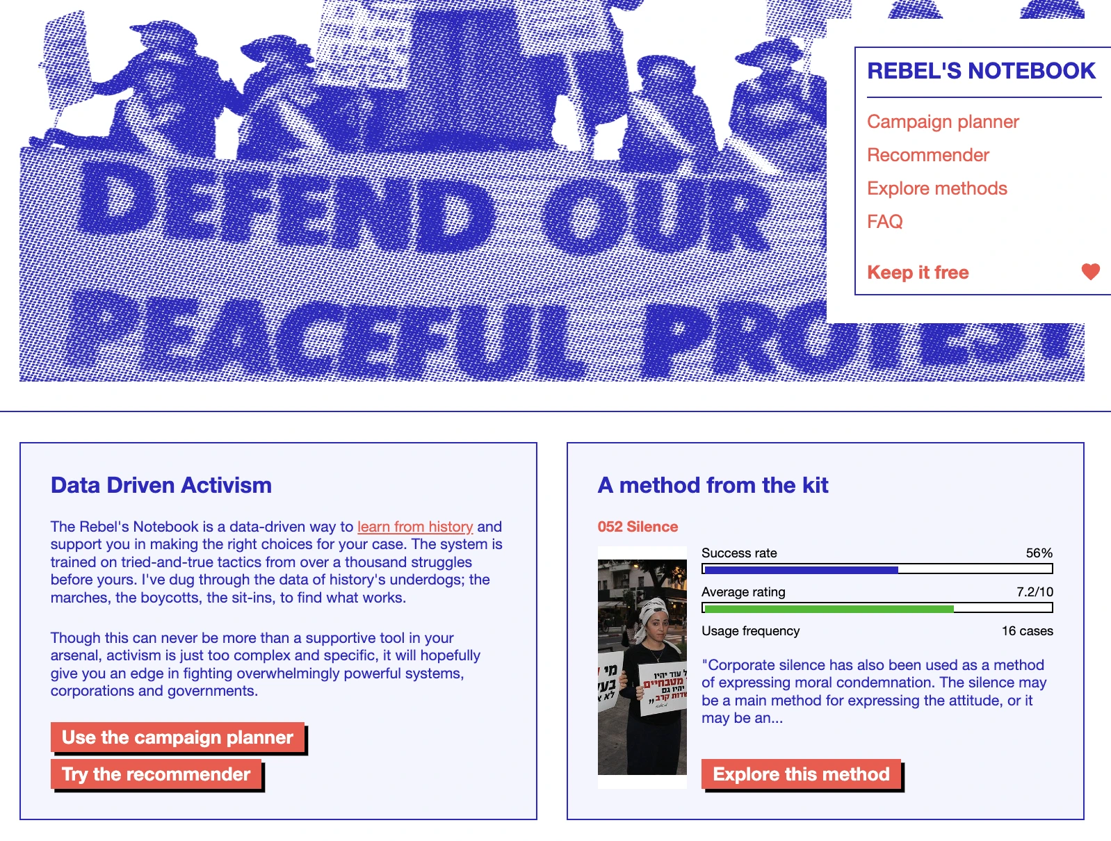 Screenshot of front webpage of the website The Rebel's Notebook - https://rebelsnotebook.com/ At top of website is a banner photo of people protesting and holding a large banner that reads 'Defend our peaceful protest'.|screenshot from website called The Rebels Notebook. Text at the top reads 'Explore methods of nonviolent action Discover and explore the full database of nonviolent methods of action. Filter by category