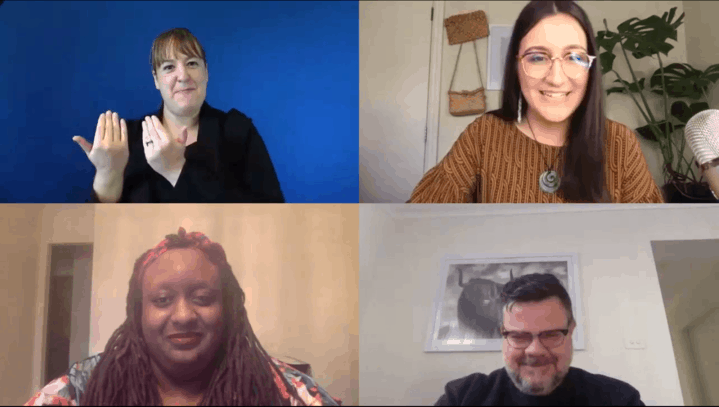Screenshot of online meeting with four people: Imani Barbarin, Damian Griffis and Kera Sherwood-O’Regan speaking at Virtual Progress 2020 with Auslan translation.